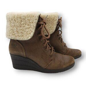 UGG Zea Wedge Boots Womens 7 Brown Waterproof Suede‎ Shearling 1003360